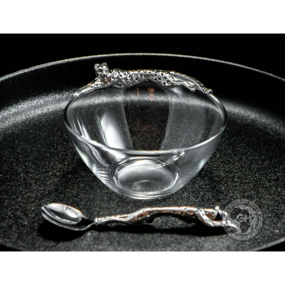 Dish 120mm Lying Cheetah &amp; sugar Spoon Set - Cheetah Africa Collection - Diana Carmichael