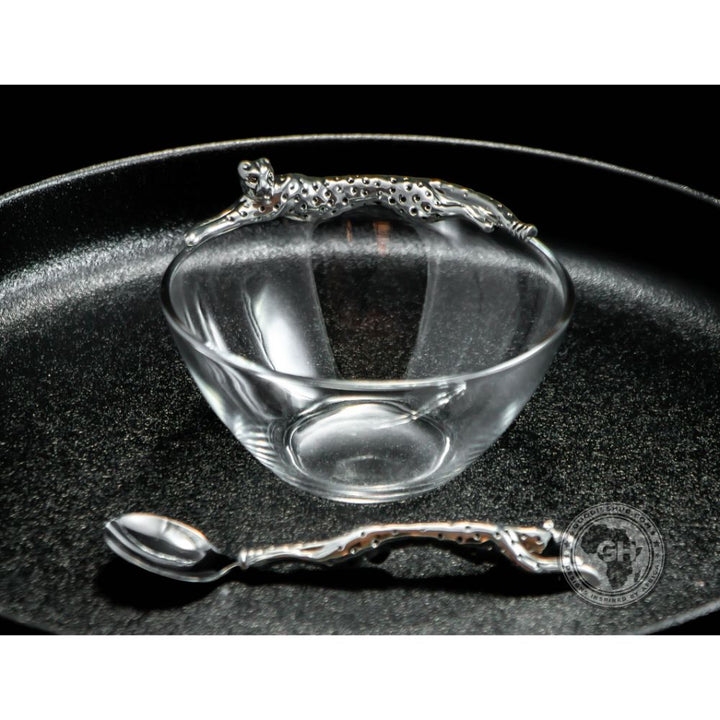 Dish 120mm Lying Cheetah &amp; sugar Spoon Set - Cheetah Africa Collection - Diana Carmichael
