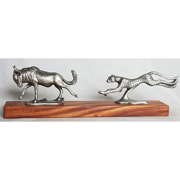 Wildebeest and Cheetah Chase Pewter Sculpture