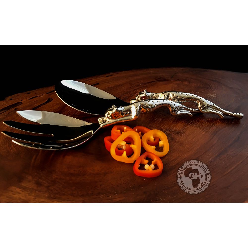 Salad Servers Large Short (195mm) - Cheetah Africa Collection - Diana Carmichael