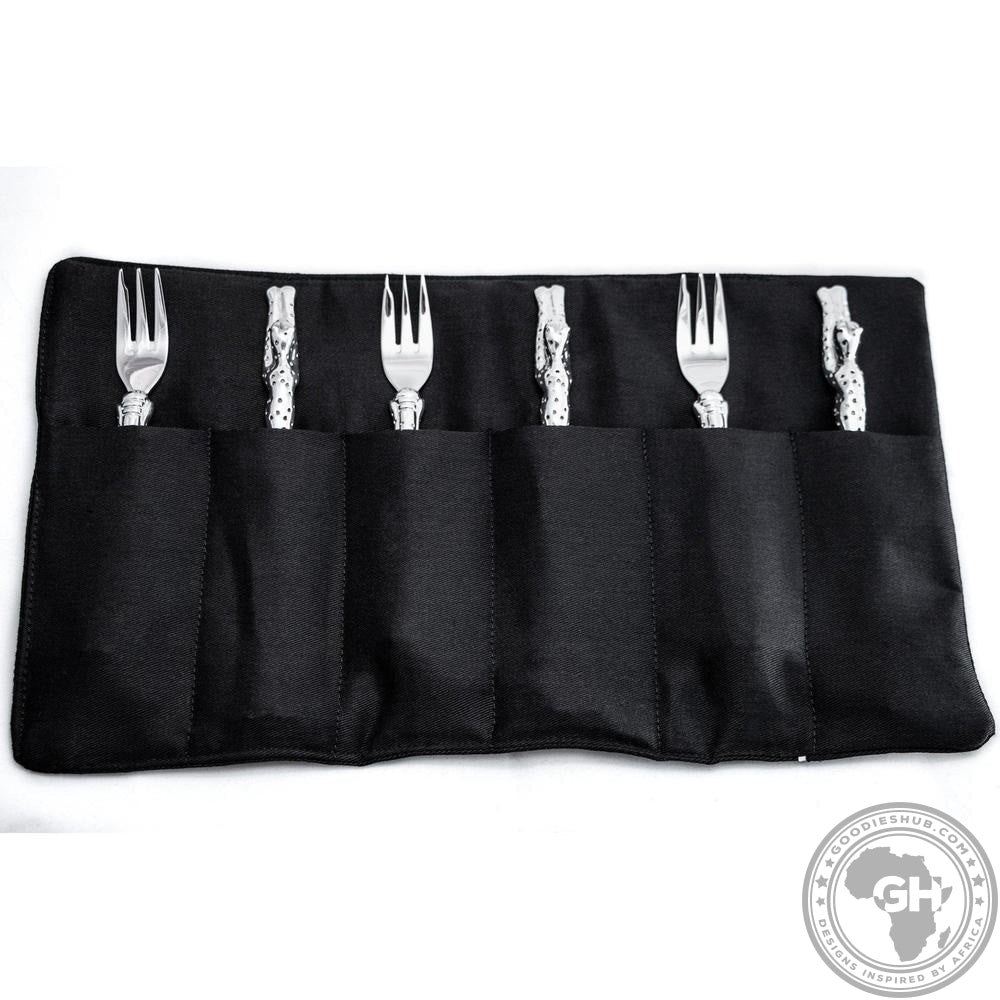 Cake Forks (187mm) (Set of 6) &amp; Pouch - Cheetah Africa Collection - Diana Carmichael-GoodiesHub