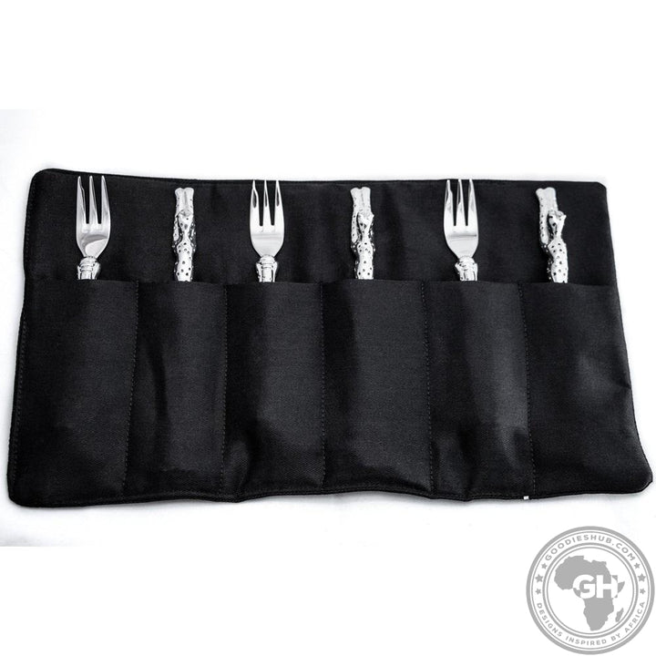 Cake Forks (187mm) (Set of 6) &amp; Pouch - Cheetah Africa Collection - Diana Carmichael-GoodiesHub