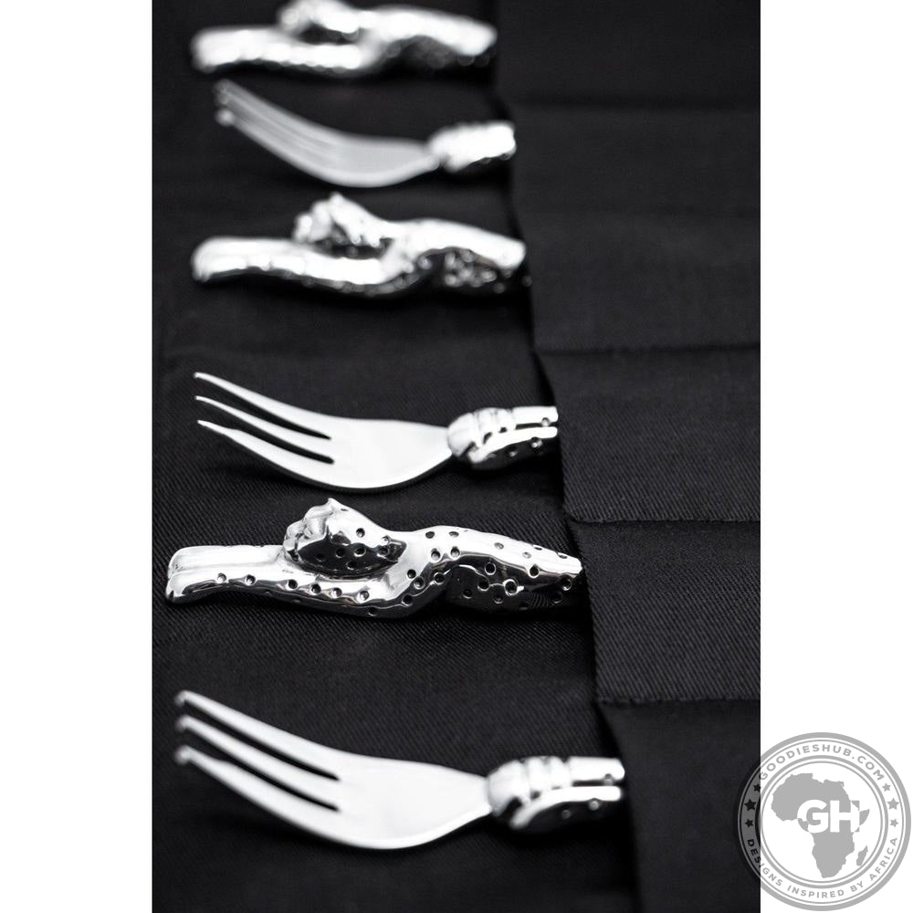 Cake Forks (187mm) (Set of 6) &amp; Pouch - Cheetah Africa Collection - Diana Carmichael-GoodiesHub