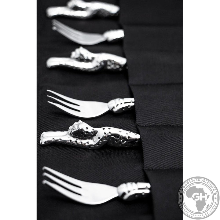 Cake Forks (187mm) (Set of 6) &amp; Pouch - Cheetah Africa Collection - Diana Carmichael-GoodiesHub