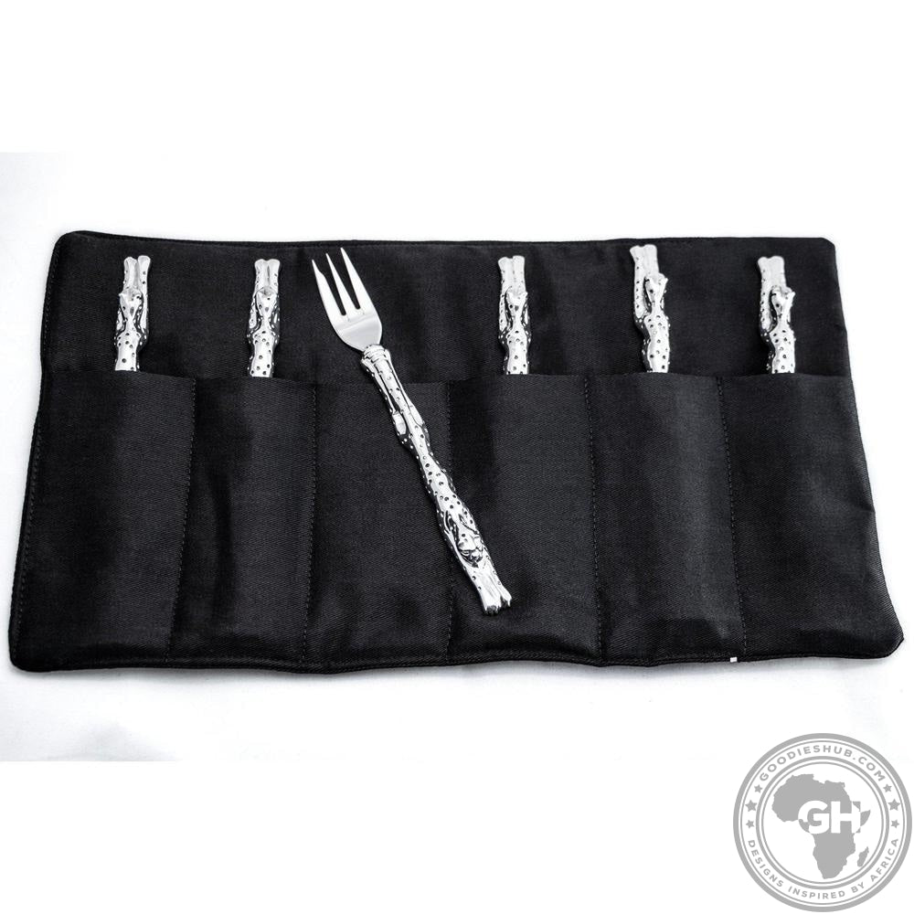 Cake Forks (187mm) (Set of 6) &amp; Pouch - Cheetah Africa Collection - Diana Carmichael-GoodiesHub