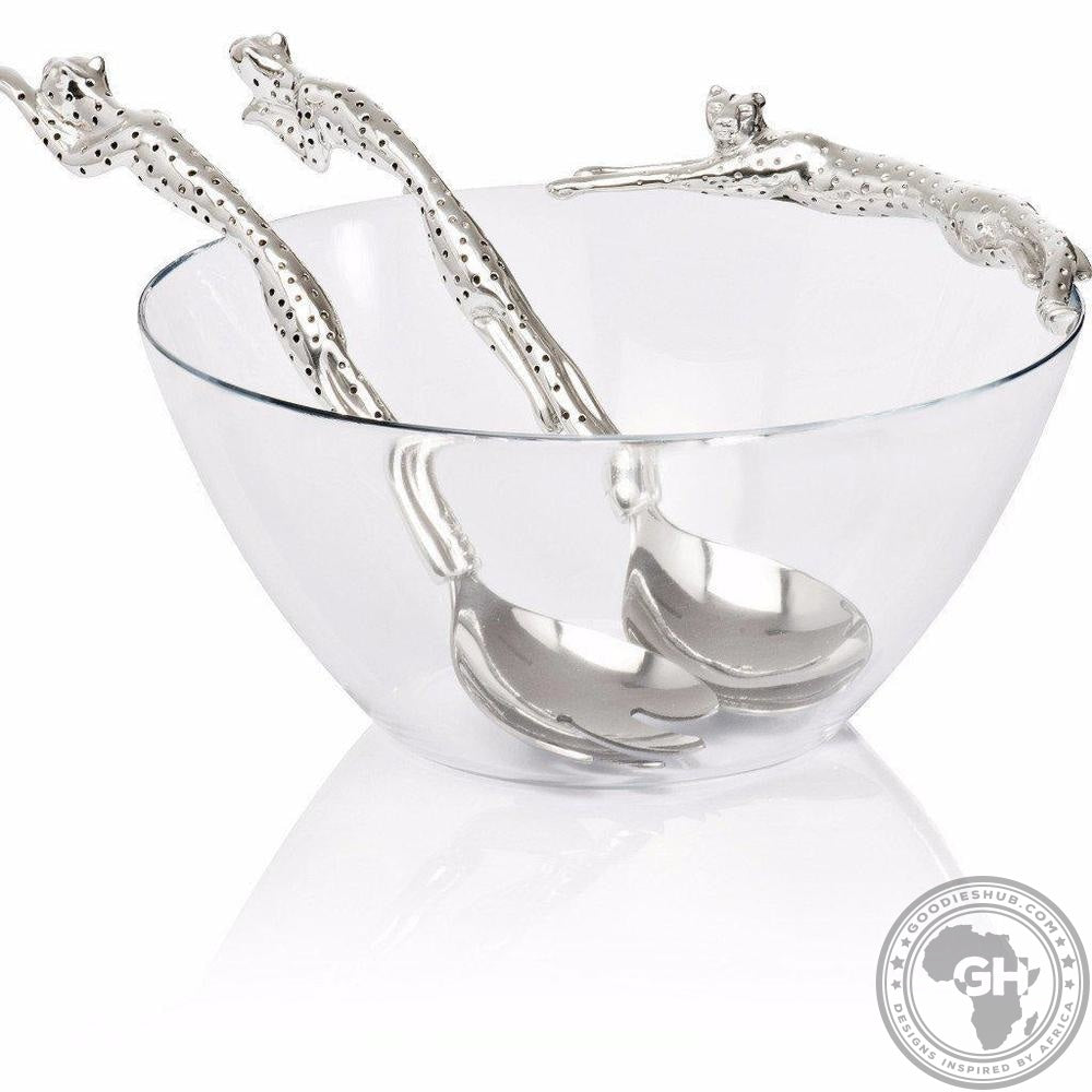 Dish Lying Cheetah &amp; Small Salad Servers - Cheetah Africa Collection - Diana Carmichael-GoodiesHub