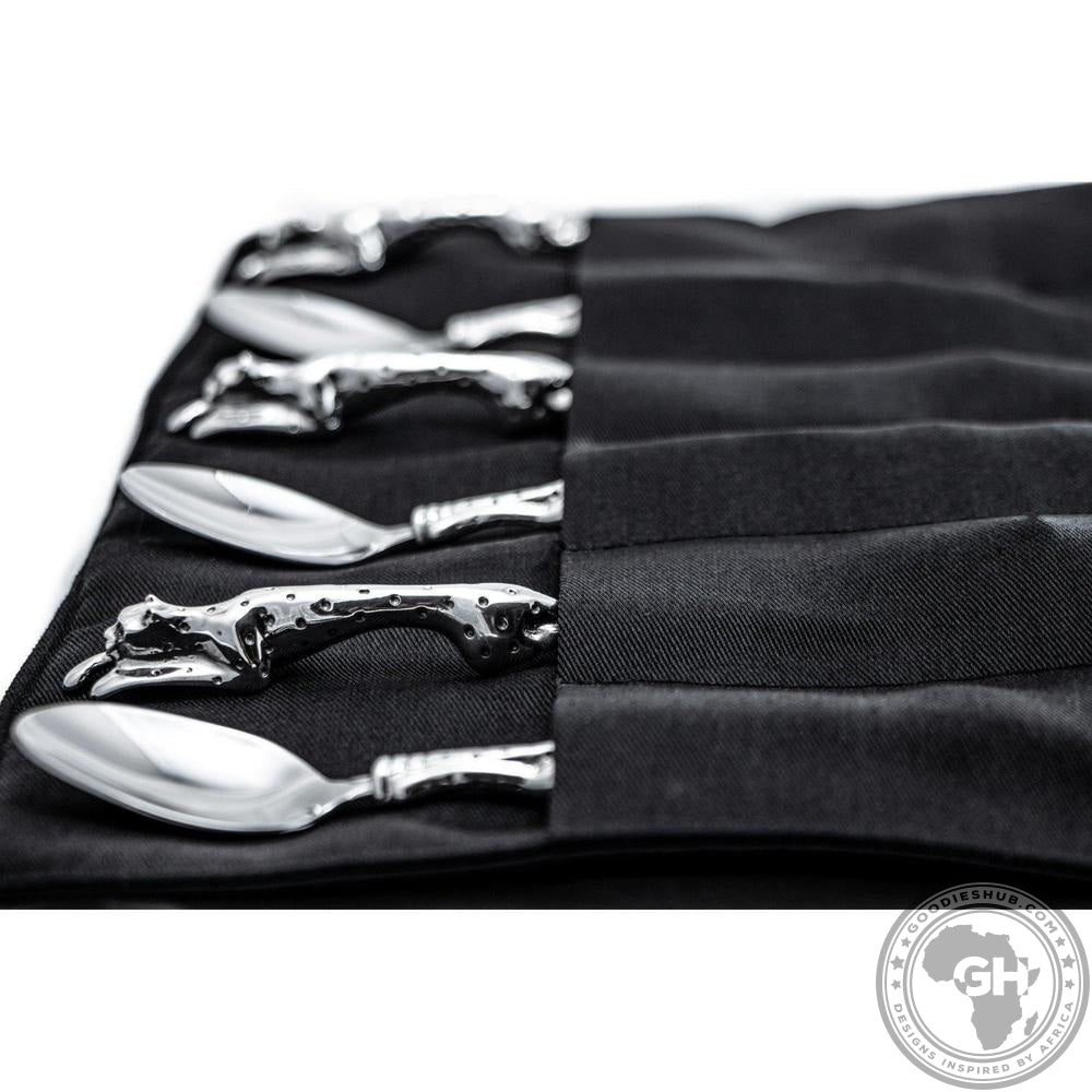 Teaspoons Cheetah (155mm) (Set of 6) &amp; Pouch - Cheetah Africa Collection - Diana Carmichael-GoodiesHub