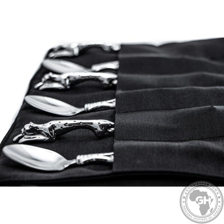 Teaspoons Cheetah (155mm) (Set of 6) &amp; Pouch - Cheetah Africa Collection - Diana Carmichael-GoodiesHub