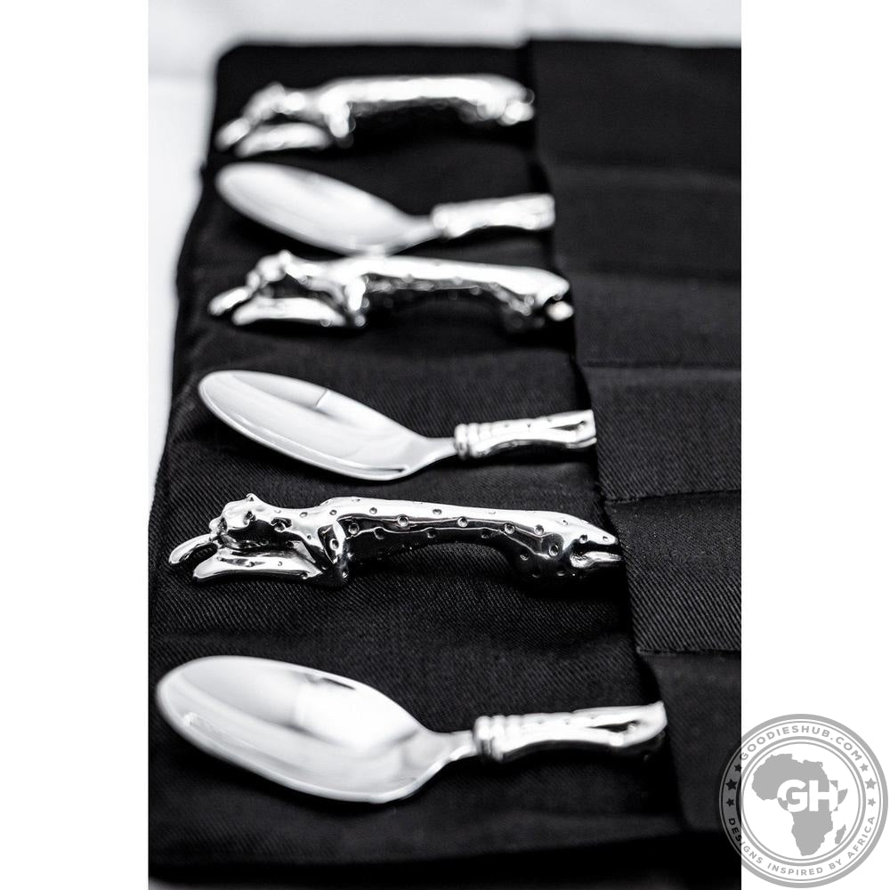 Teaspoons Cheetah (155mm) (Set of 6) &amp; Pouch - Cheetah Africa Collection - Diana Carmichael-GoodiesHub